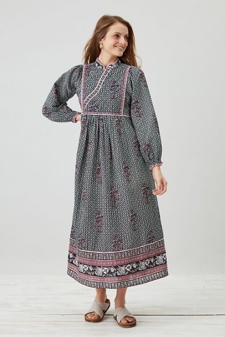 Dilli Grey Nadia Midi Dress Black Motif / long sleeve mandarin neck dresses / women’s organic cotton fashion / floral print clothing - flipped