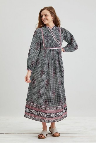 Dilli Grey Nadia Midi Dress Black Motif / long sleeve mandarin neck dresses / women’s organic cotton fashion / floral print clothing