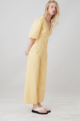ANTHROPOLOGIE Gingham Wide-Leg Trousers Yellow / womens checked warm weather trousers - flipped