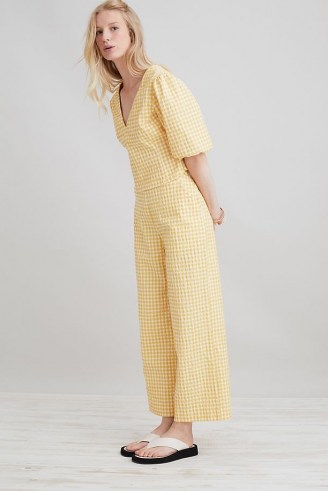 ANTHROPOLOGIE Gingham Wide-Leg Trousers Yellow / womens checked warm weather trousers
