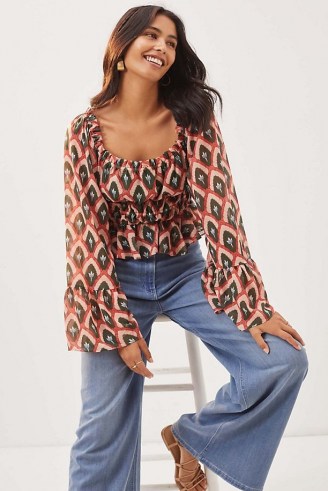 Hutch Smocked Puff-Sleeve Blouse – peasant wide sleeve blouses – printed boho style tops - flipped