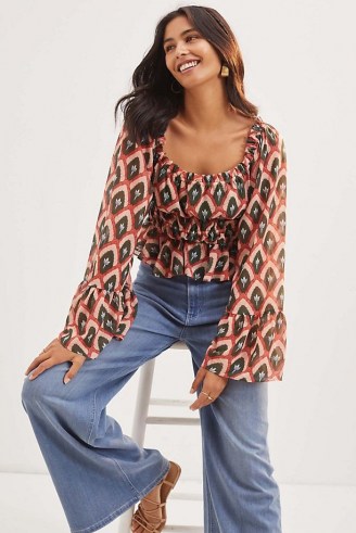 Hutch Smocked Puff-Sleeve Blouse – peasant wide sleeve blouses – printed boho style tops