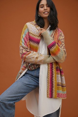Pilcro Cross-Stitched Cardigan | womens multicoloured cardigans | mixed patterned knitwear - flipped