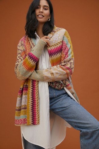 Pilcro Cross-Stitched Cardigan | womens multicoloured cardigans | mixed patterned knitwear