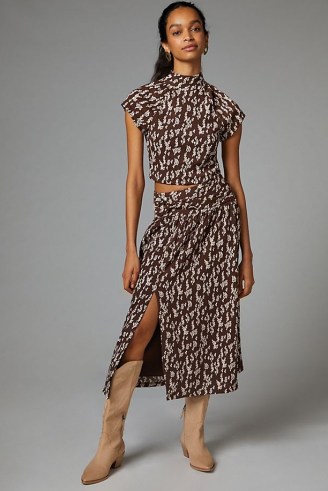 Anthropologie Twist-Front Skirt Set Brown Motif | split hem skirts - flipped