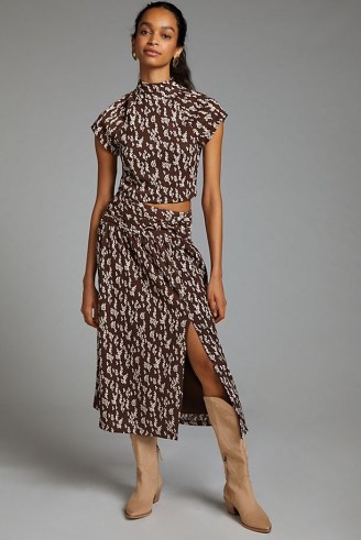Anthropologie Twist-Front Skirt Set Brown Motif | split hem skirts