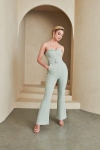 Lavish Alice bandeau corset jumpsuit in sage green | strapless ruffle bodice jumpsuits | all-in-one party fashion | going out evening glamour