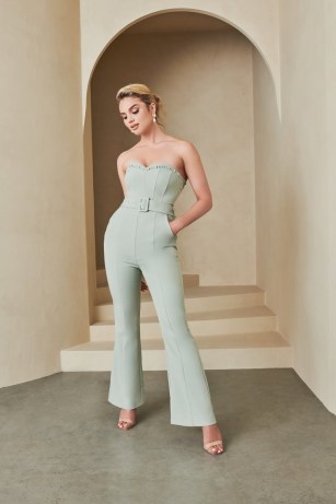 Lavish Alice bandeau corset jumpsuit in sage green | strapless ruffle bodice jumpsuits | all-in-one party fashion | going out evening glamour - flipped