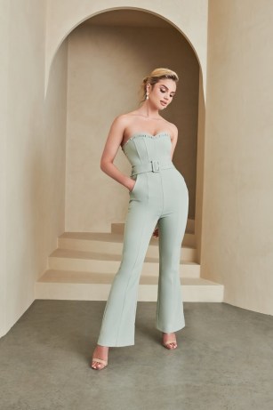 Lavish Alice bandeau corset jumpsuit in sage green | strapless ruffle bodice jumpsuits | all-in-one party fashion | going out evening glamour
