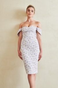 Lavish Alice bardot cowl midi dress in ditsy floral | off the shoulder pencil dresses | glamorous party fashion | going out evening glamour