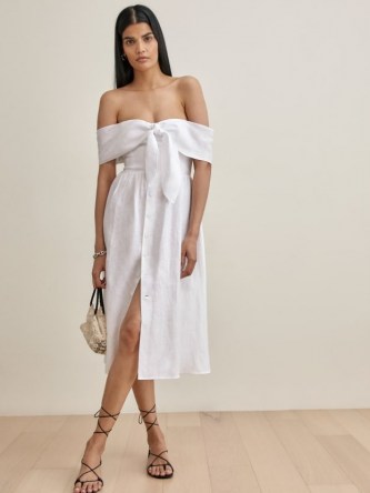 REFORMATION Barrington Linen Dress in White / bardot style off the shoulder dresses - flipped