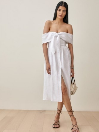 REFORMATION Barrington Linen Dress in White / bardot style off the shoulder dresses