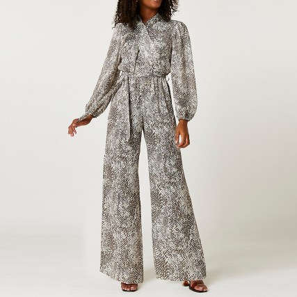 RIVER ISLAND Beige snake print wide leg jumpsuit ~ glamorous evening jumpsuits ~ animal print going out fashion - flipped