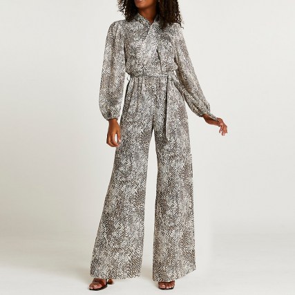 RIVER ISLAND Beige snake print wide leg jumpsuit ~ glamorous evening jumpsuits ~ animal print going out fashion
