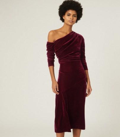 REISS BELLA VELVET MIDI DRESS BERRY ~ jewel tone asymmetric one shoulder evening dresses ~ luxe occasion fashion - flipped
