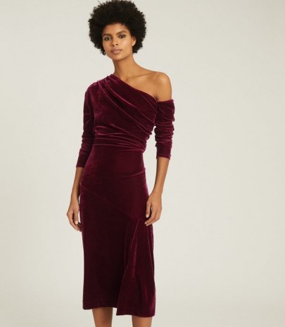 REISS BELLA VELVET MIDI DRESS BERRY ~ jewel tone asymmetric one shoulder evening dresses ~ luxe occasion fashion