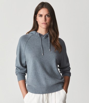 REISS BELLA WOOL CASHMERE BLEND HOODIE BLUE / knitted hooded tops / womens chic pullover hoodies - flipped