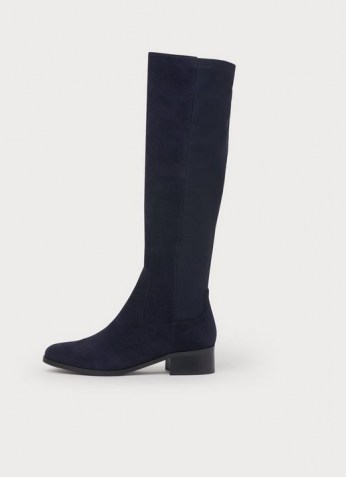 L.K. BENNETT BELLA NAVY SUEDE & ELASTIC KNEE BOOTS ~ dark blue knee high boots ~ women’s chic autumn footwear - flipped