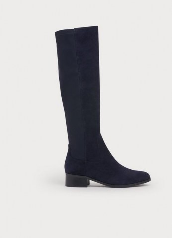 L.K. BENNETT BELLA NAVY SUEDE & ELASTIC KNEE BOOTS ~ dark blue knee high boots ~ women’s chic autumn footwear