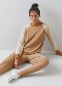 L.K. BENNETT BERGEN CREAM AND CAMEL CASHMERE JUMPER ~ womens tonal brown colour block jumpers ~ luxe knitwear ~ women’s loungewear sweaters