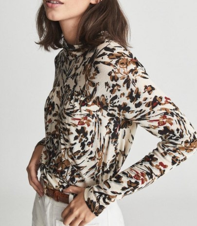 REISS BERNIE FLORAL PRINTED TOP NEUTRAL ~ gathered detail high neck tops