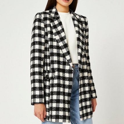 RIVER ISLAND Black boucle double breasted blazer / womens textured checked oversized fit blazers / women’s fashionable jackets / monochrome check outerwear - flipped