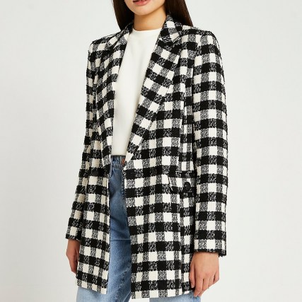 RIVER ISLAND Black boucle double breasted blazer / womens textured checked oversized fit blazers / women’s fashionable jackets / monochrome check outerwear