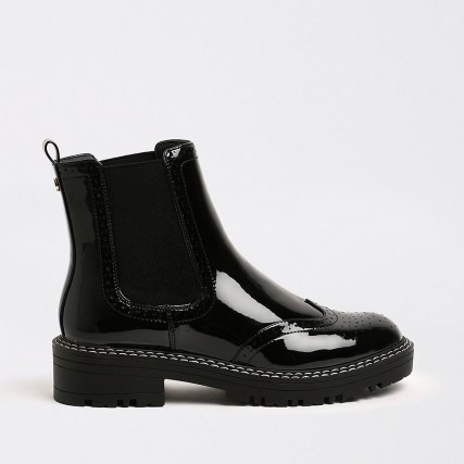 RIVER ISLAND Black chunky brogue boots ~ womens patent faux leather boots ~ pull tab ~ ribbed panel - flipped