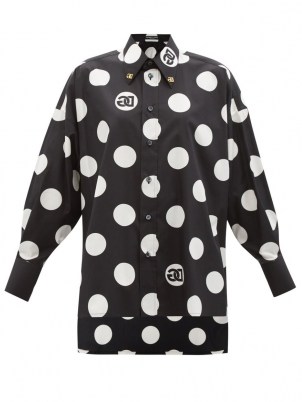 DOLCE & GABBANA Collar-pin polka-dot poplin blouse / designer dip hem blouses / women’s monochrome spot print shirts - flipped
