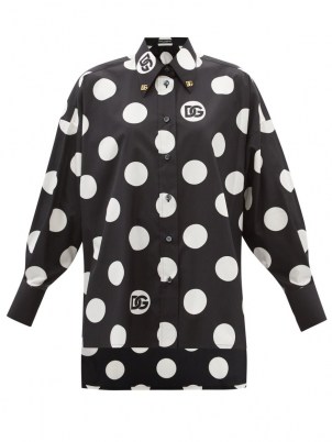 DOLCE & GABBANA Collar-pin polka-dot poplin blouse / designer dip hem blouses / women’s monochrome spot print shirts