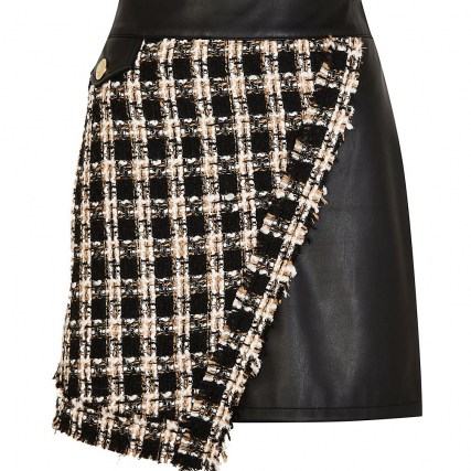 RIVER ISLAND Black dogtooth boucle mini skirt ~ asymmetric check print skirts ~ tweed style fashion