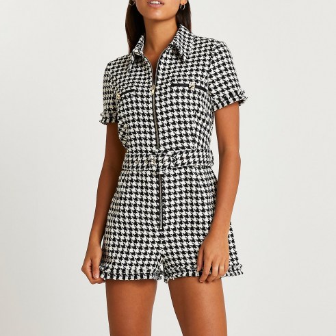 RIVER ISLAND Black dogtooth check boucle belted playsuit / houndstooth zip front point collar playsuits / womens on trend checked fashion