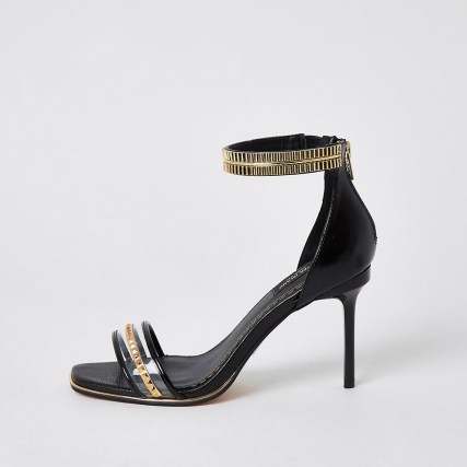RIVER ISLAND Black embellished heeled sandals ~ barely there ankle strap high heels ~ stilettoe heel party shoes - flipped
