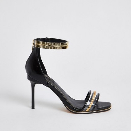 RIVER ISLAND Black embellished heeled sandals ~ barely there ankle strap high heels ~ stilettoe heel party shoes