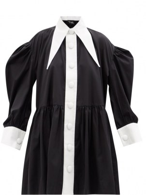 ELZINGA Exaggerated-collar silk babydoll dress ~ black and white trim balloon sleeve shirt dresses ~ oversized pointed collars ~ womens voluminous monochrome fashion - flipped