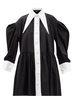 ELZINGA Exaggerated-collar silk babydoll dress ~ black and white trim balloon sleeve shirt dresses ~ oversized pointed collars ~ womens voluminous monochrome fashion