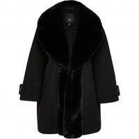 RIVER ISLAND Black faux fur trim coat ~ womens glamorous winter coats ~ women’s oversized fit outerwear