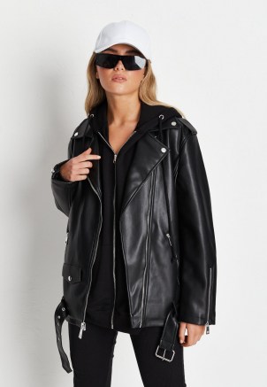Missguided black faux leather long biker jacket – womens longline zip and stud detail jackets – women’s casual on-trend outerwear - flipped
