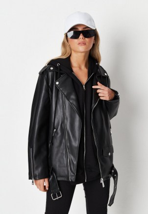 Missguided black faux leather long biker jacket – womens longline zip and stud detail jackets – women’s casual on-trend outerwear