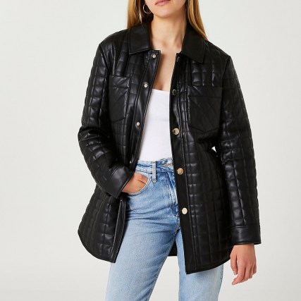 River Island Black faux leather quilted shacket – womens tie waist shackets - flipped
