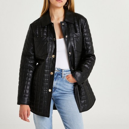 River Island Black faux leather quilted shacket – womens tie waist shackets