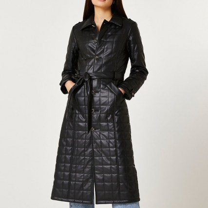 RIVER ISLAND Black faux leather quilted trench coat ~ womens on trend tie waist coats - flipped