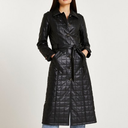 RIVER ISLAND Black faux leather quilted trench coat ~ womens on trend tie waist coats