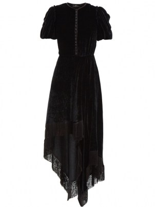 ETRO Fringed scarf-hem black velvet midi dress ~ luxe boho asymmetric hemline dresses ~ chic bohemian fashion - flipped