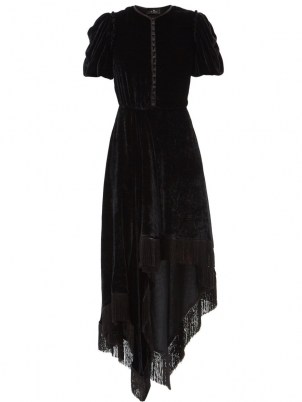 ETRO Fringed scarf-hem black velvet midi dress ~ luxe boho asymmetric hemline dresses ~ chic bohemian fashion