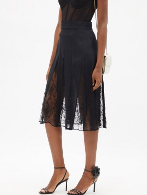 DOLCE & GABBANA High-rise lace-insert black crepe skirt – feminine sheer panel skirts - flipped