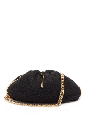 Mania bouclé shoulder bag – ROSANTICA black textured drawstring handbag – chunky chain strap bags - flipped