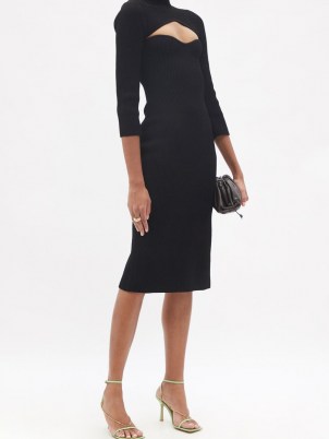 KHAITE Mischa black cutout ribbed-knit midi dress – cut out bodice detail dresses – chic LBD