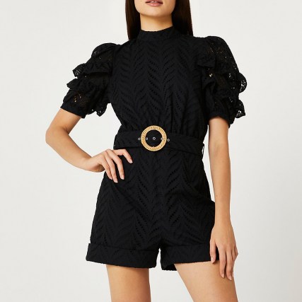 River Island Black open back broderie playsuit | feminine short sleeve belted waist high neck playsuits | puff sleeve fashion - flipped