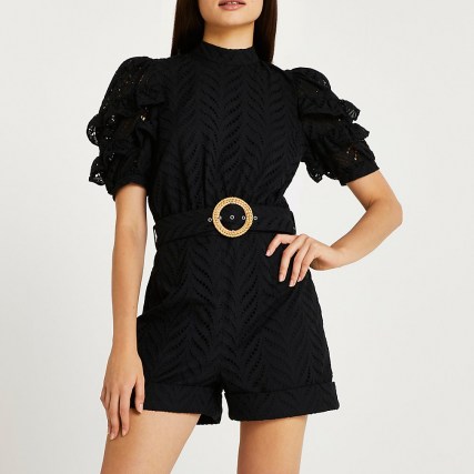 River Island Black open back broderie playsuit | feminine short sleeve belted waist high neck playsuits | puff sleeve fashion